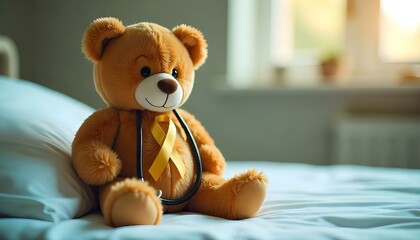 A teddy bear with a stethoscope on a bed, featuring a gold ribbon to promote awareness and support for childhood cancer