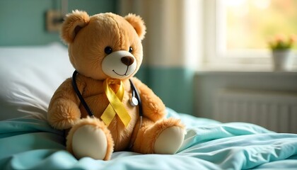 A teddy bear wearing a stethoscope on a bed, symbolizing support and hope for Childhood Cancer Awareness Month