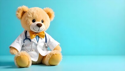 A teddy bear in a doctor's coat, featuring a gold ribbon, highlighting support for Childhood Cancer Awareness Month