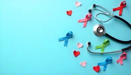 A stethoscope with various colorful ribbons on a blue background, promoting awareness and support for childhood cancer