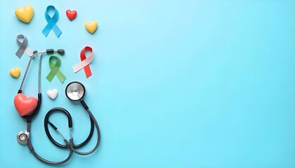 Colorful ribbons and a stethoscope on a blue background, highlighting Childhood Cancer Awareness Month and the gold ribbon