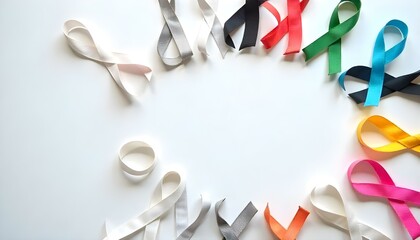 A circular arrangement of vibrant ribbons, featuring gold, highlighting support and hope for childhood cancer awareness