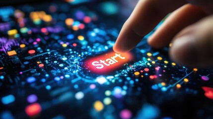 Finger touching a glowing "Start" button on a futuristic digital interface