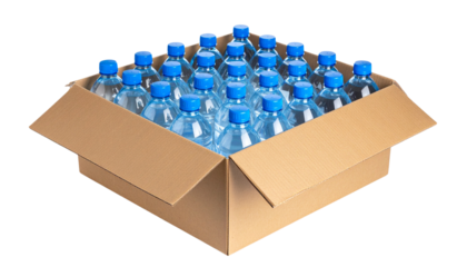Case of pure spring or mineral water bottles, sealed blue caps in cardboard and shrinkwrap, isolated bulk supply, grocery or retail