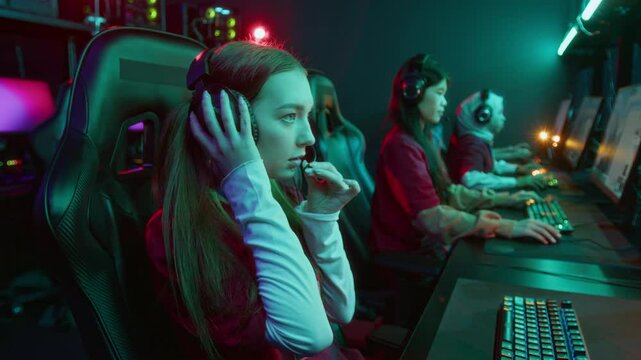 Medium shot of confident teenage girl putting on headset in front of computer, checking sound, preparing to play shooter game tournament. Ideal for online game competition commercial