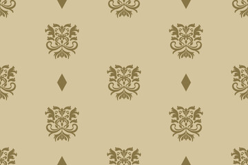 Taupe Damask Seamless Pattern on Beige Background