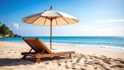 Obraz premium Beach chair and umbrella on sandy beach with tropical ocean view under blue sky.