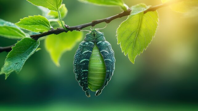 Green beetle pupa hangs from branch