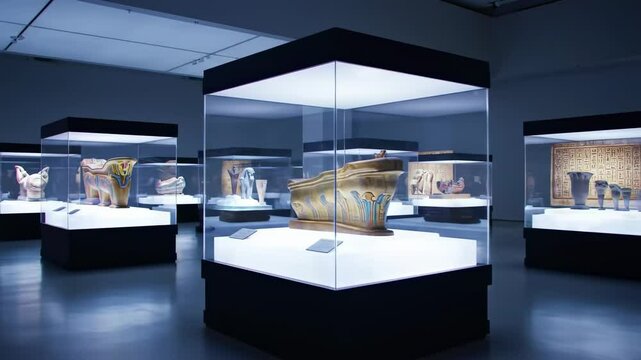 Modern museum display cases showcasing artifacts illuminated by bright lights contemporary exhibition space