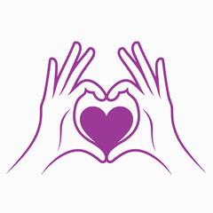 Purple hands forming a heart shape with a solid purple heart inside