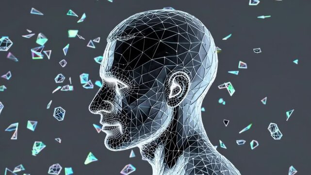 Realistic 3d man head polygonal skin. Abstract lines, triangles and particle style design