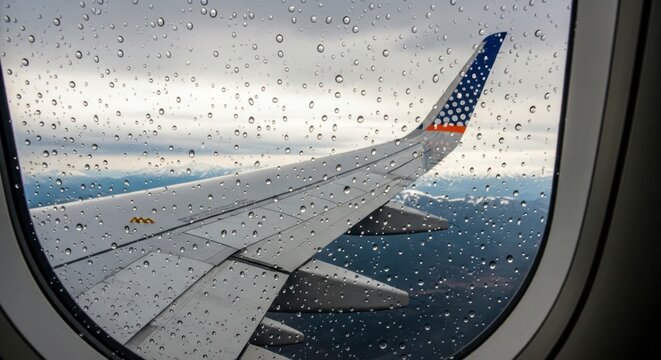 Airplane Wing Seen Through a Window with Raindrops During Flight