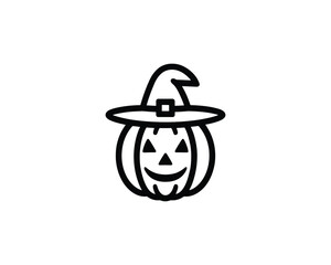Scary pumpkin design logo with witch hat