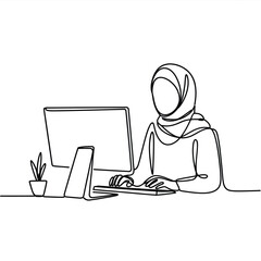 Woman wearing a hijab working on a computer in a minimalist line art style