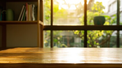 Sunlit wooden table with polished surface, bookshelf holding colorful books, green mug, large window framing lush foliage, serene indoor-outdoor ambiance.