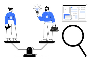Obraz na płótnie Canvas Two people stand on a balance scale, highlighting equality. One holds a light bulb symbolizing innovation, a magnifying glass signifies research, and a web page suggests productivity. Ideal