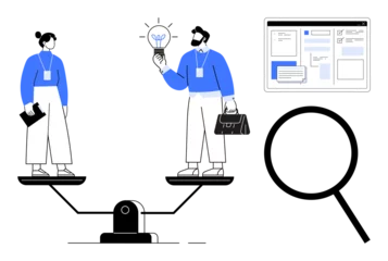 Gordijnen Two people stand on a balance scale, highlighting equality. One holds a light bulb symbolizing innovation, a magnifying glass signifies research, and a web page suggests productivity. Ideal © robu_s