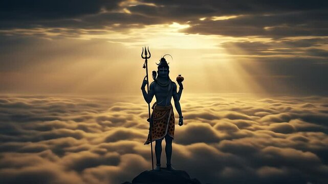 Lord Shiva wallpaper of Shiva with Parvati above clouds at golden sunset