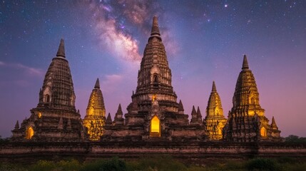Obraz premium Serene Temple Complex Illuminated by Starry Night Sky