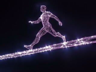 a dynamic purple wireframe figure lunging forward on a tightrope of glowing pink and white data streams