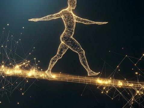 a golden wireframe human figure carefully walking a tightrope made of glowing yellow strands of digital data