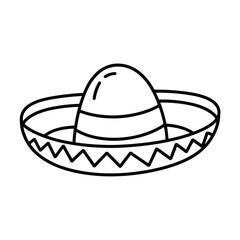 Simple black and white outline drawing of a traditional mexican sombrero hat