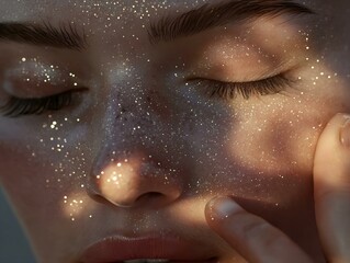Fototapeta premium sun kissed skin, gold glitter, closed eyes, soft natural lighting
