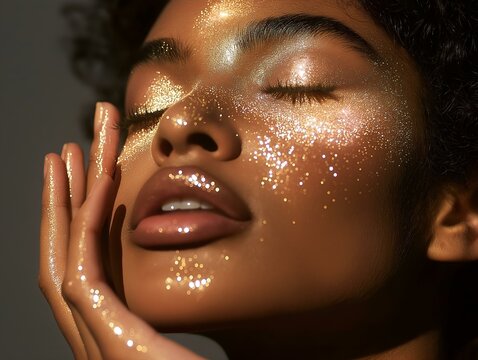a sensual beauty portrait of a woman with closed eyes, her face adorned with sparkling gold and silver glitter