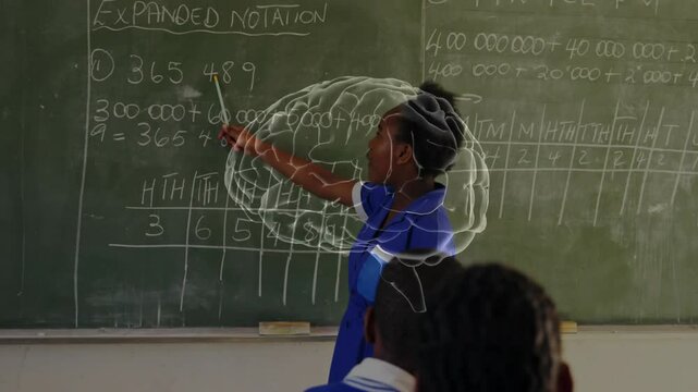 Girl student stepping classroom expanding notation place-value with brain overlay guiding peers