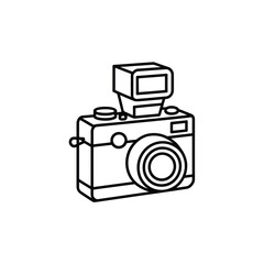 Simple line art illustration of a vintage camera with a pop up flash