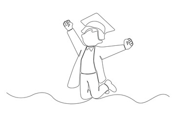 Happy male student celebrating graduation isolated line drawing. Graduation concept hand-drawn illustration.	