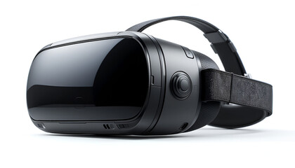 Fototapeta premium A sleek black virtual reality headset with adjustable straps on a plain white background studio shot