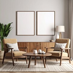 Elegant Living Room with Mid-Century Modern Decor and Empty Frames