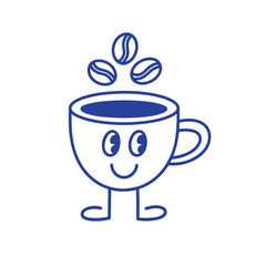 Cute cartoon coffee cup character with happy face and coffee beans