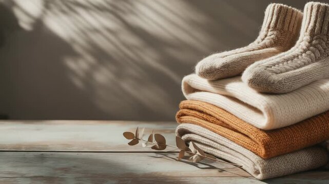 Cozy stack of knitted clothes and socks under soft sunlight for autumn or winter fashion photography featuring natural light and texture