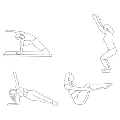Set of the yoga poses line art vector illustration on the white background.Lineart Illustrations of Yoga Exercise Poses Practiced by Individuals