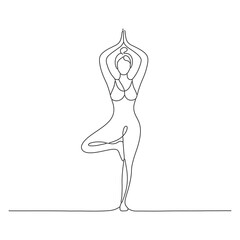 Minimalist Line Art of a Woman in Yoga Tree Pose for Relaxation on the white background