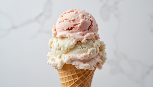 A delectable waffle cone features delightful scoops of strawberry and vanilla ice cream against a textured white marble background. - Powered by Adobe