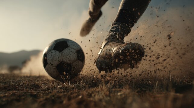 Close-up action shot of a powerful foot striking a soccer ball mid-motion, grass and dirt flying, high-res 8K UHD dynamic energy