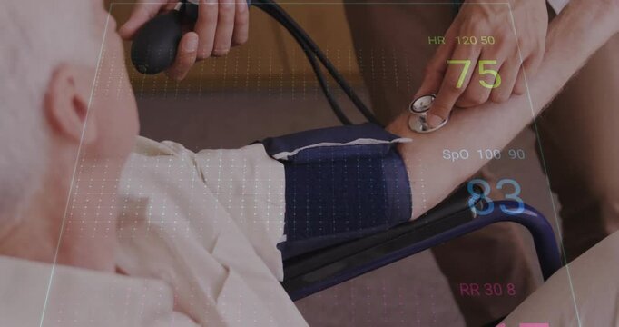 Clinician inflating cuff, placing stethoscope and showing animated vitals confirming health status