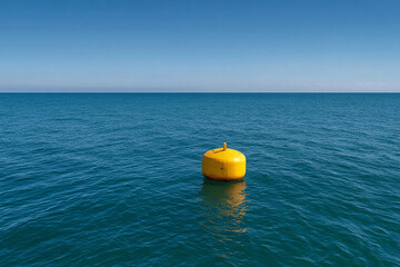Bright yellow buoy floating on calm blue sea under a clear sky, navigation marker in open ocean