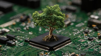 Minimal circuit board growing into a tree, symbolism of green tech and progress