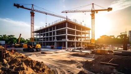 Construction site with cranes with building progress, and and sunset sky background.