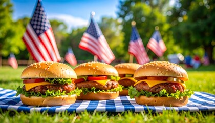 Juicy cheeseburgers and grilled hot dogs on a patriotic tablecloth with American flags in the background at an outdoor picnic. The scene represents summer celebrations, family gatherings