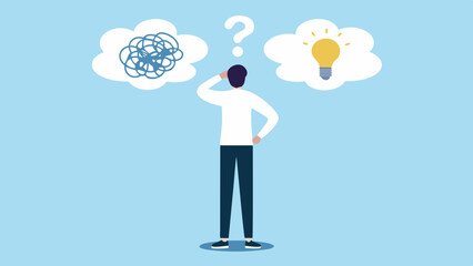 Man contemplating a complex problem versus a bright idea in thought bubbles