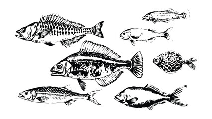 Fish Anatomy Icon Pack in Stipple Ink Style. Black and White Vector Collection of Detailed Marine Biology Elements. Vintage Engraving Set