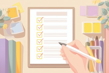 A hand checking off boxes on a clipboard checklist, surrounded by colorful stationery and cheerful decor on a pastel surface.