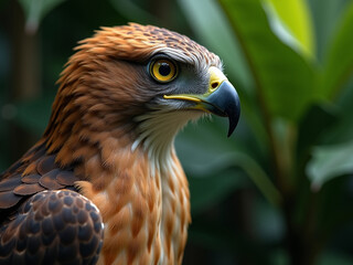Fototapeta premium Hyperrealistic Macro Close-up of Javan Hawk-Eagle's Piercing Yellow Eyes and Intricate Feather Details