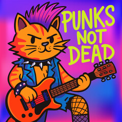 Punks not dead. Cute cat guitarist with mohawk. Bright vector poster
