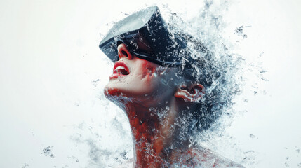 Woman in VR Headset with Water Particle Explosion Effect